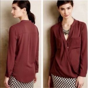 Maeve Anthropologie Eva burgundy faux wrap top size 6